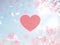 Valentine day red hearts on blue sky fluffy white clouds falling pink petals  background illustration template  copy space