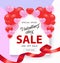Valentine Day Sale banner with sign on white shape with red and pink hearts and ribbon.