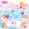 Valentine day sale banners. Red hearts cute funny cupids with bow romantic symbols vector market or web labels