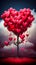 valentine day, whimsical tree with branches forming a canopy of glossy, oversized red heart-shaped balloons against a