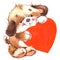 Valentine Dayand cute dod puppy and red heart. watercolor