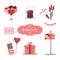 Valentine design elements with post, cupid arrows, bow, candy, gift and hearts. Mailbox with love letters. Cute set for