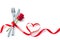 Valentine fork, knife, spoon, silverware with red ribbon heart s