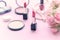 Valentine Gift. Makeup cosmetics tools background