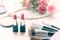 Valentine Gift. Makeup cosmetics tools background and beauty cosmetics, products