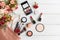 Valentine Gift. Makeup cosmetics tools background and beauty cosmetics, products and facial cosmetics package lipstick with flower