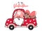 Valentine Gnome in Flower and heart red truck car, Be my Valentine, cute cartoon flat vector clip art idea for Valentine card,