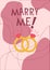 Valentine greeting card. Marriage proposal celebration. Engagement golden rings. Gold jewelry. Party invitation. Love