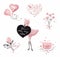 Valentine hand drawn vintage floral love set. Watercolor fashion clip art. Stickers collection