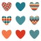 Valentine hearts stickers collection in 1970s retro style. Perfect print for tee, stickers, posters, cards. Vector illustration