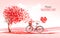 Valentine holiday background with heart shaped tree and bicycle