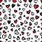 Valentine Leopard or cheetah seamless pattern. Trendy animal print. Spotted red and dark gray hearts imitate jaguar skin. Vector