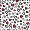 Valentine Leopard or jaguar seamless pattern. Trendy animal print. Spotted red and dark gray hearts imitate cheetah fur. Vector
