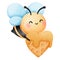 Valentine little bee with sweet honey waffle treats clipart, Watercolor illustration with honeybee and valentines dessert