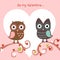 Valentine love card with owls and hearts