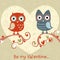 Valentine love card with owls and hearts