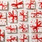 Valentine or other holidays concept. Lots of Gift boxes on wood background top view. Presents in craft paper decorated with red