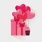 Valentine present gift with hearts balloons and muffin