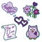 Valentine purple love icon set flowers owl hearts letter