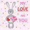 Valentine rabbit Bunny with bouquet of flowers and sweets