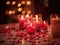 Valentine's ambiance with candles, heart confetti, and bokeh