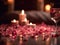 Valentine's ambiance with candles, heart confetti, and bokeh