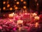 Valentine's ambiance with candles, heart confetti, and bokeh