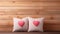 Valentine\\\'s card mockup with sewn pillow hearts on rustic wooden planks. Copy space for banner. Beautiful background