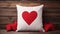 Valentine\\\'s card mockup with sewn pillow hearts on rustic wooden planks. Copy space for banner. Beautiful background