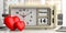 Valentine`s date on old retro alarm clock, red hearts, office background, 3d illustration.