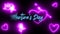 Valentine`s Day. Animation. Animated blue neon letters and pink hearts on a black background.