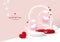 Valentine`s day background. Abstract scene decor with stage double, Pink hearts balloons in soap bubbles, neon light arch.