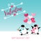 Valentine`s Day background background of cute couple penguins on snow floor with heart shape balloon.