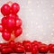 Valentine`s day background - bunch of red balloons over brick wall with copy space