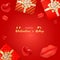 Valentine\\\'s Day Background Design with Realistic Lips and Hearts, Gift box. Template for advertising, web, social media and