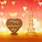 Valentine's day background. Eiffel tower and heart shape board with text over wooden table and red bakground. Hearts overlay.