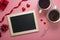 Valentine's day background. Flat lay chalk board frame, hearts andtwo cups, mock up with copy space. Love, gift box pink