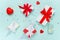 Valentine`s Day background. Gifts, confetti, red heart, on pastel blue background. Valentines day concept