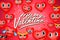 Valentine`s day background with heart emoticons, emoji smiley faces, vector illustration. Wallpaper, flyers, card