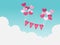 Valentine`s Day background heart shape balloons hanging with LOVE text on flag floating on blue sky and white clouds background.