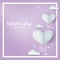 Valentine`s day background of heart shape hot air balloons with lined pattern and many tiny hearts on light purple background for