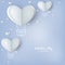 Valentine`s day background of heart shape hot air balloons paper art with lined pattern and tiny hearts on blue background.