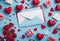 Valentine\\\'s Day background hearts blue concept background Gift view Flat top envelope lay
