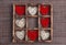 Valentine`s day background with hearts in the wooden box on sackcloth and cell copy space