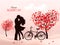 Valentine`s Day background with a kissing couple silhouette