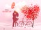 Valentine`s Day background with a kissing couple silhouette,