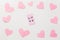 Valentine`s day background with pink hearths on white. Flat lay, top view, mockup, template, copy space. Minimal abstract