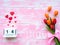 Valentine`s Day Background. Red Heart, 14 February wooden calendar, Flower on Wooden background