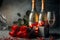 Valentine\\\'s day background with red roses, wine, romantic on gray background