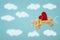 Valentine& x27;s day background. Wooden toy plane with heart flying in the sky.